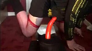 Crossdressing amateur sissy in stockings and suspenders gets a taste of his own ass