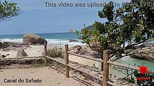 Brezilyalı esmer Holly Bombom, çıplak bir plajda yaramazlık yapıyor