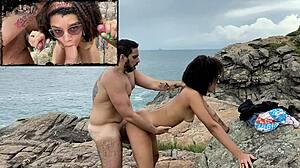Pasangan interracial nakal di pantai nudis