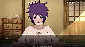 Anko Mitarashi, animovaná prsnatá tínedžerka, sa učí zmyselným schopnostiam od svojho pána v hre Naruto Hentai