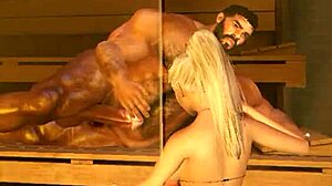 Муж рогоња гледа како његова жена вежба да рукује огромним китом